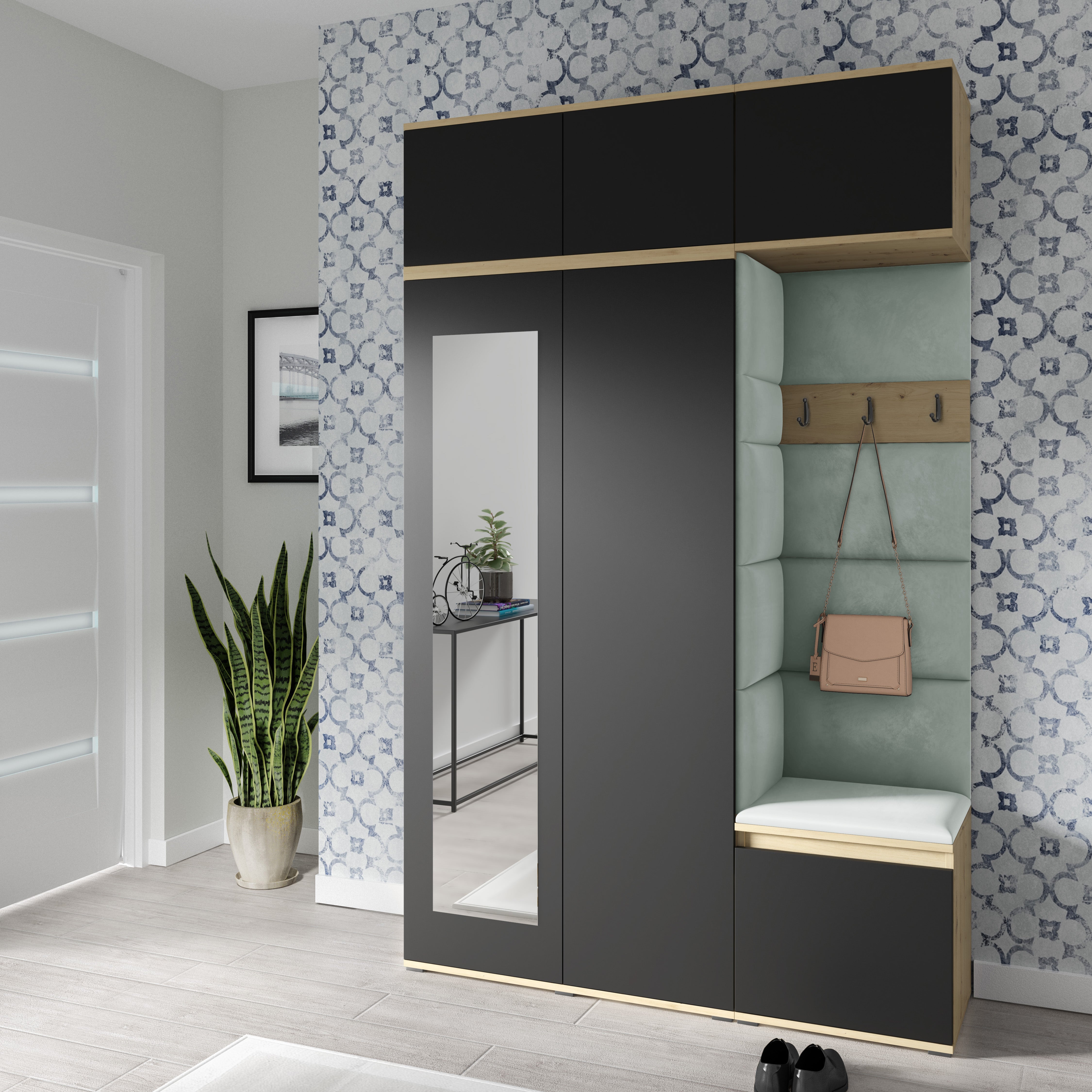 PK Emi 18 Flurgarderobe Artisan Eiche/Schwarz - Polsterpaneele in verschiedenen Farben