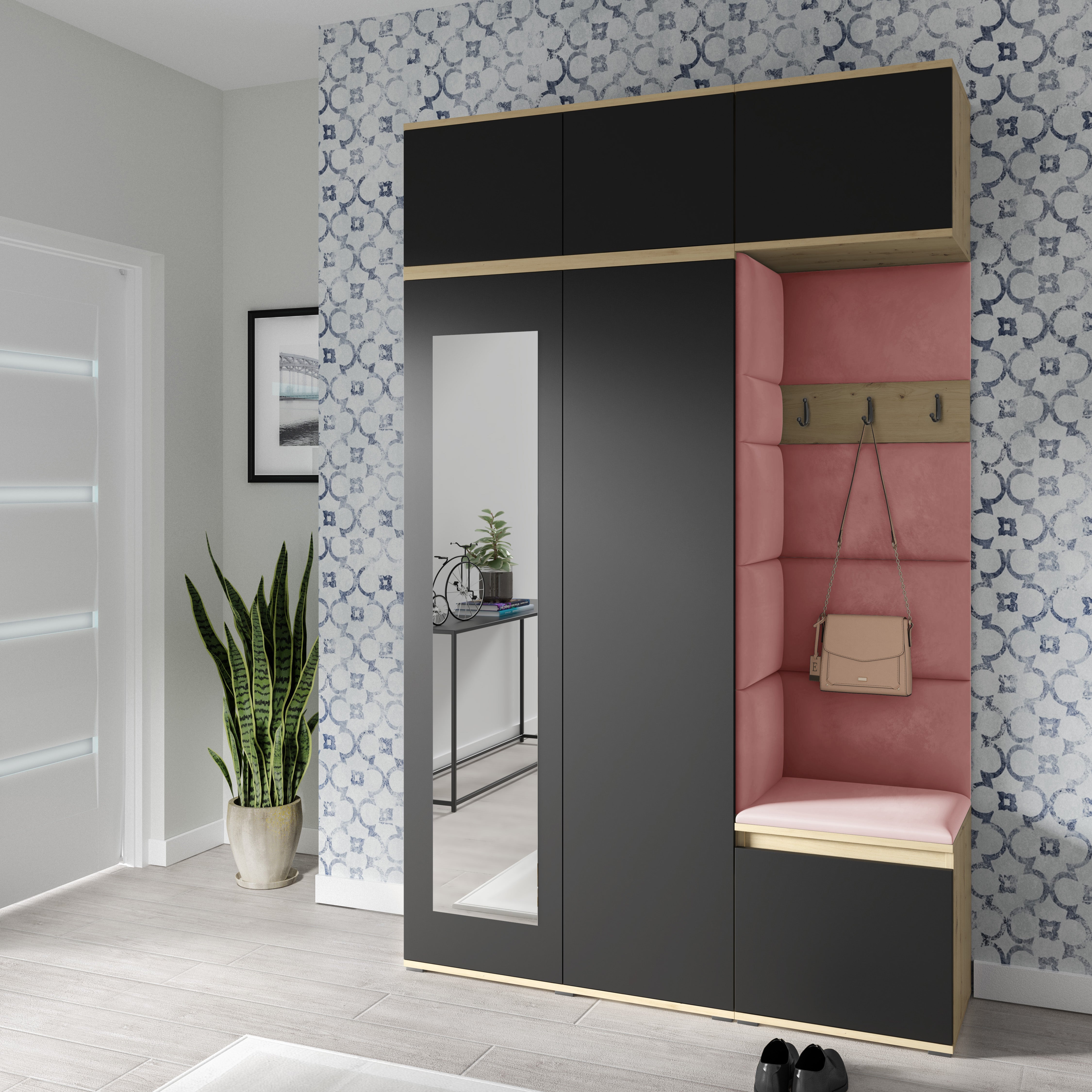 PK Emi 18 Flurgarderobe Artisan Eiche/Schwarz - Polsterpaneele in verschiedenen Farben