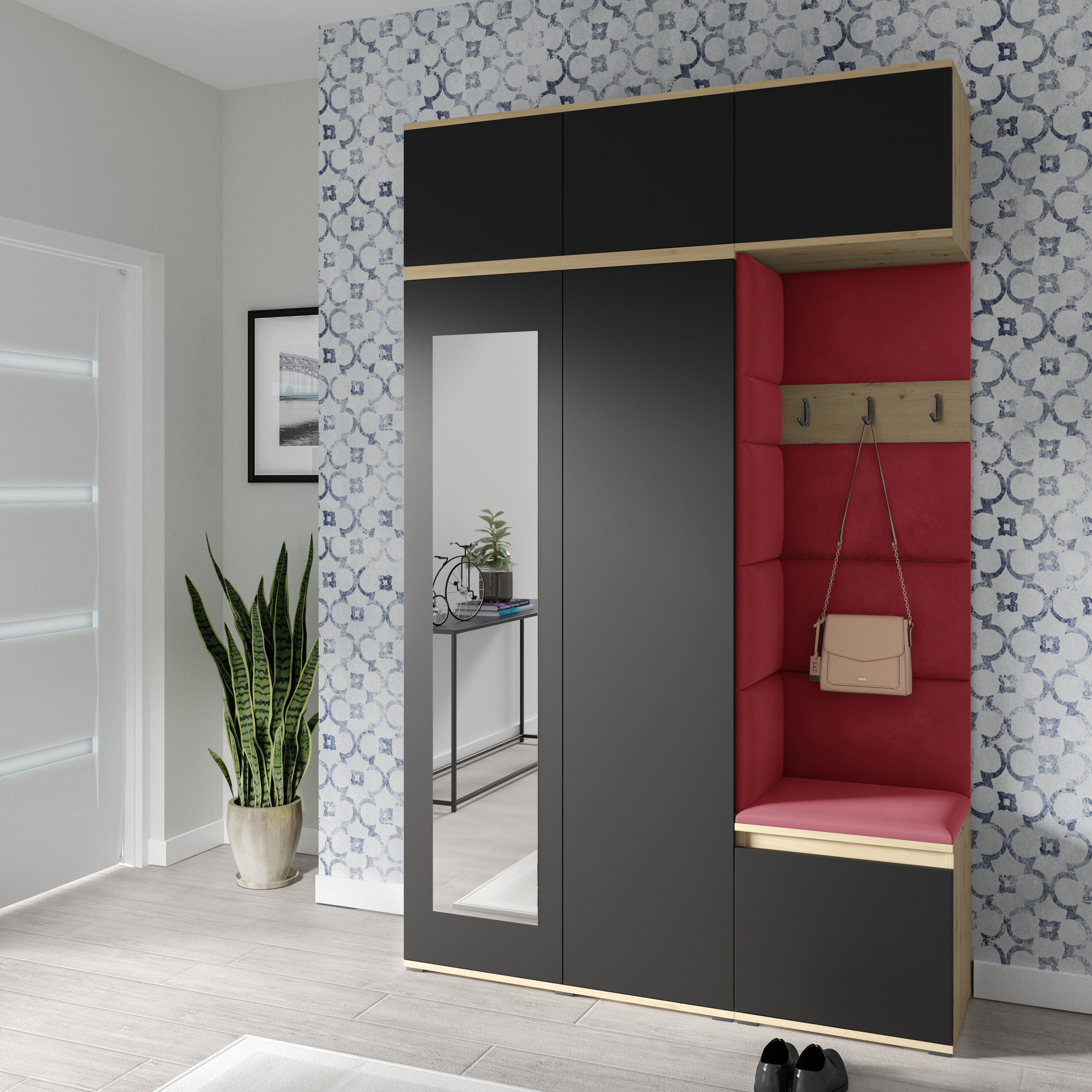 PK Emi 18 Flurgarderobe Artisan Eiche/Schwarz - Polsterpaneele in verschiedenen Farben