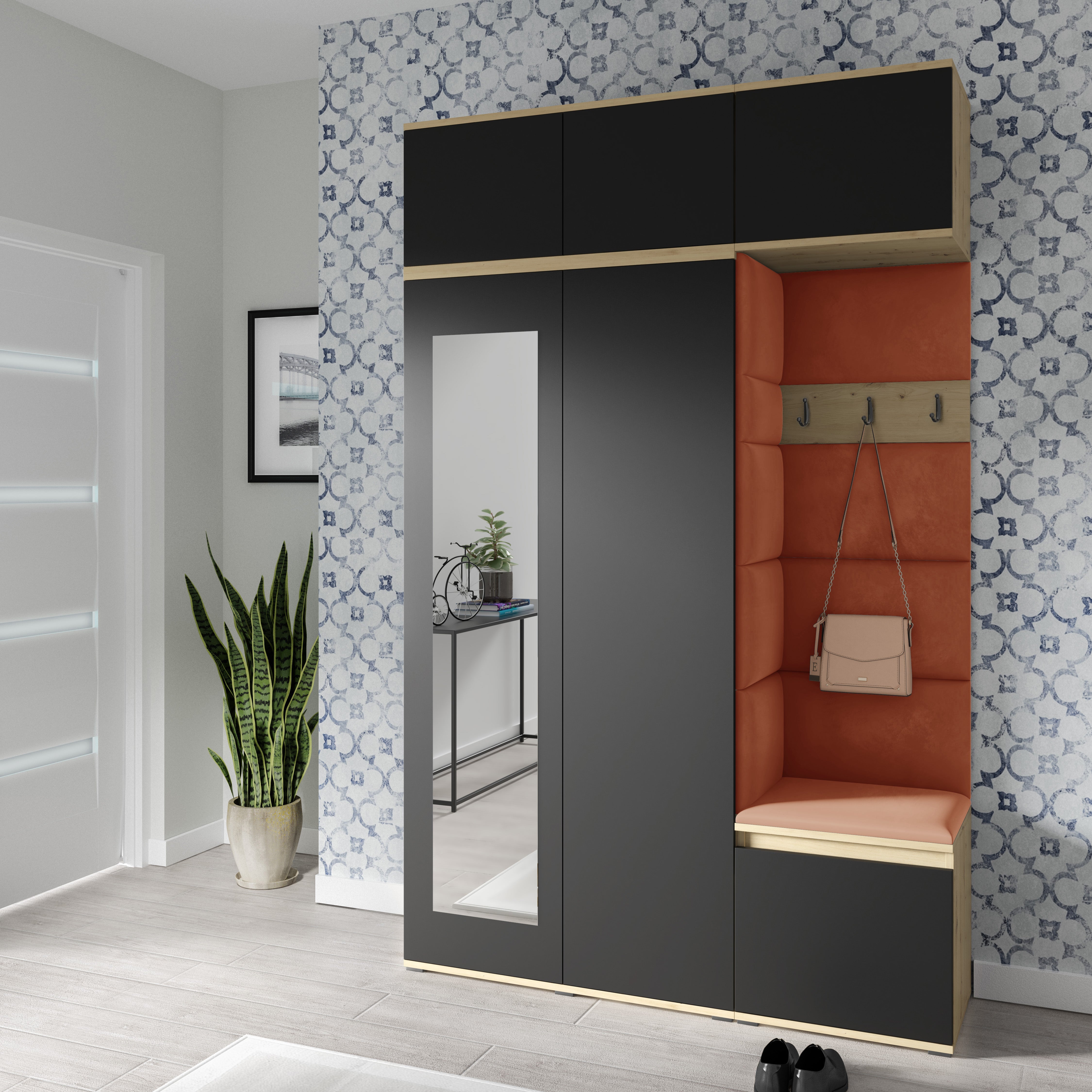 PK Emi 18 Flurgarderobe Artisan Eiche/Schwarz - Polsterpaneele in verschiedenen Farben