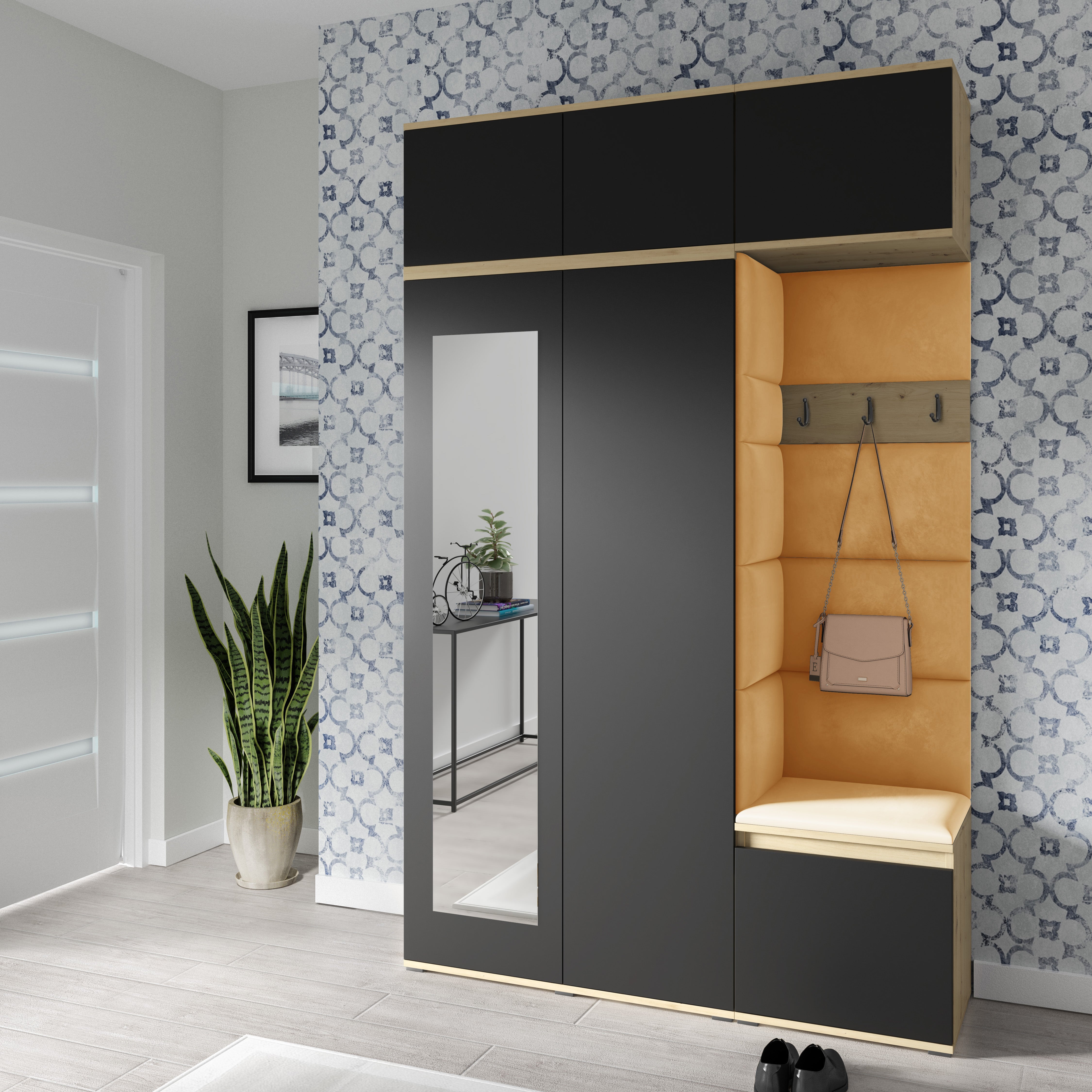 PK Emi 18 Flurgarderobe Artisan Eiche/Schwarz - Polsterpaneele in verschiedenen Farben