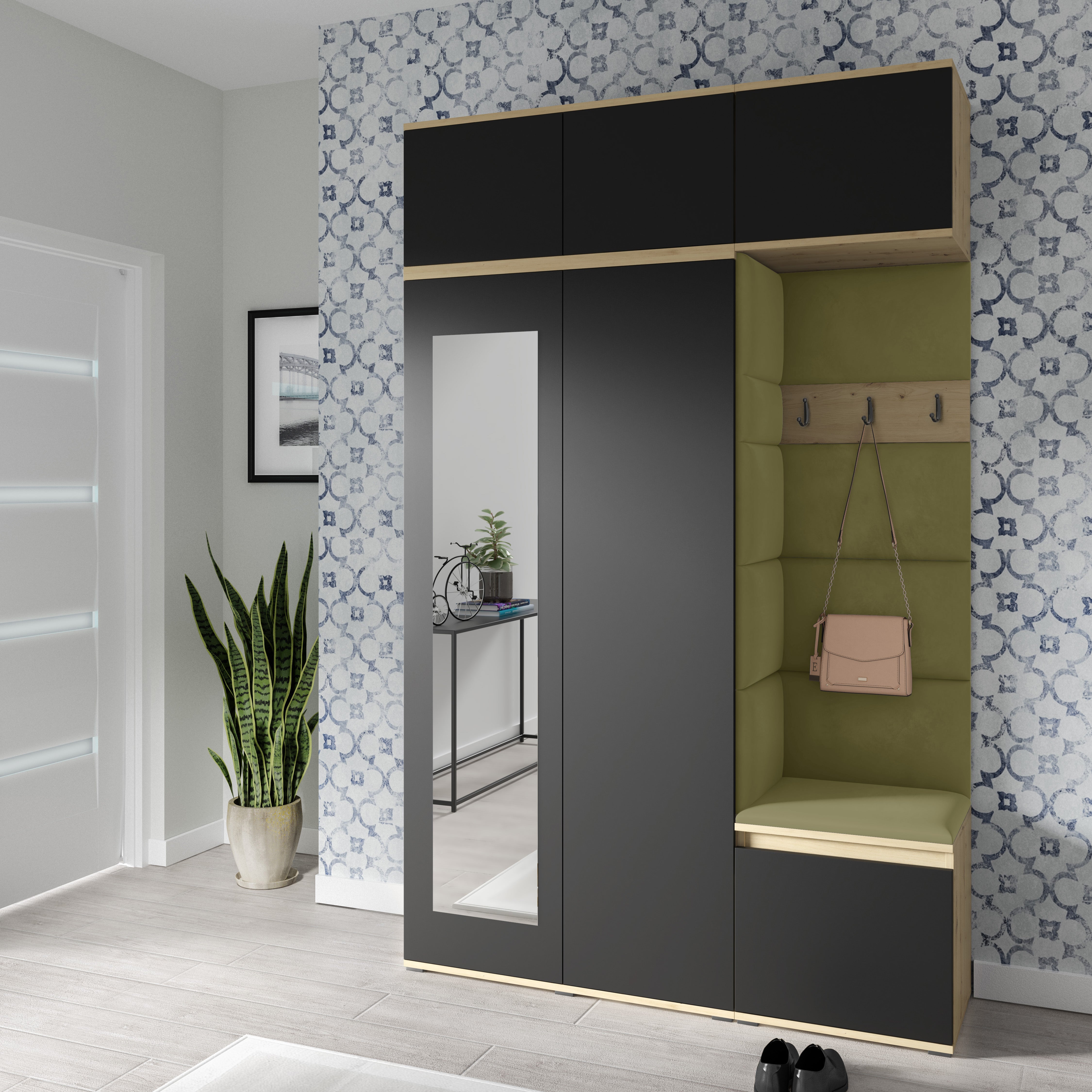 PK Emi 18 Flurgarderobe Artisan Eiche/Schwarz - Polsterpaneele in verschiedenen Farben