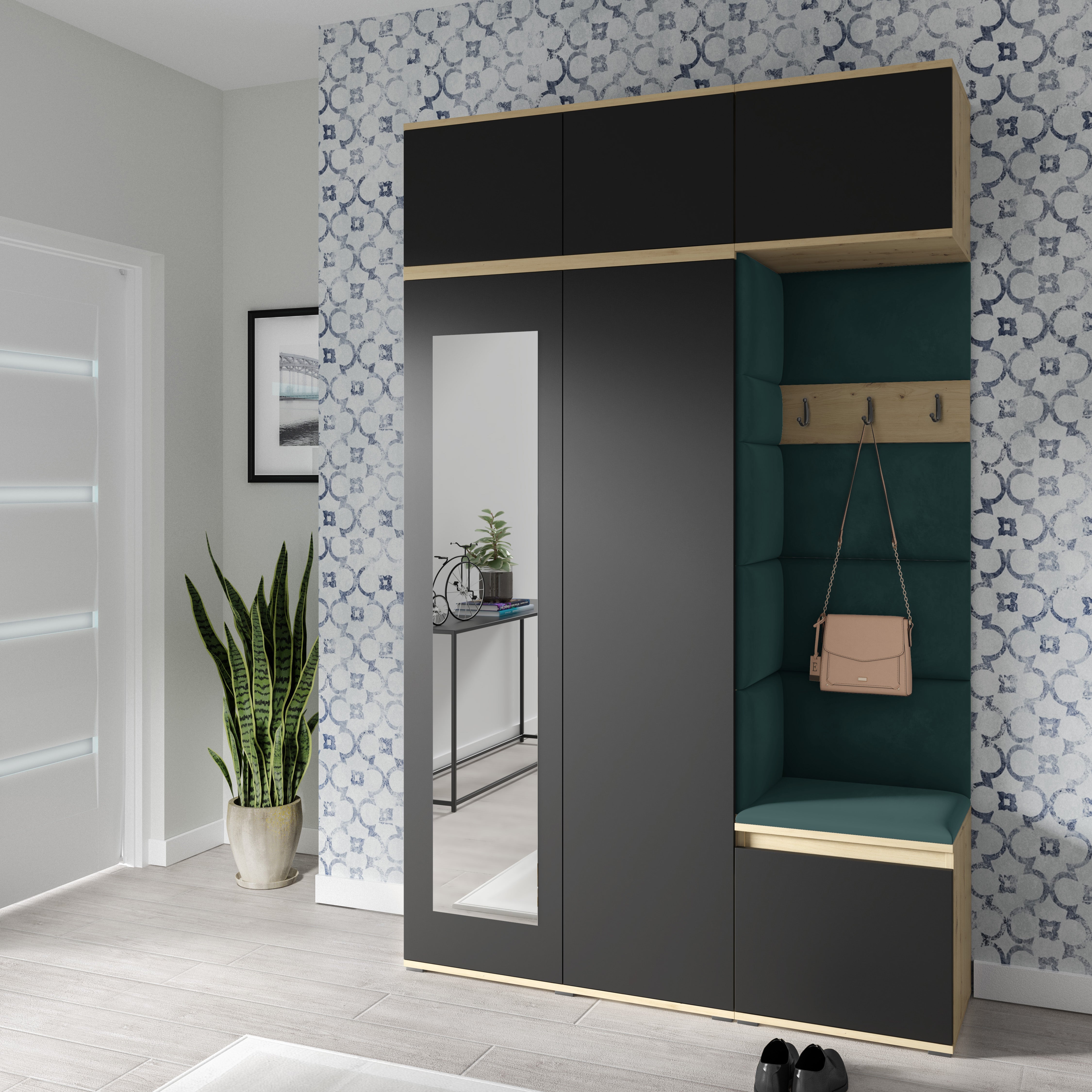 PK Emi 18 Flurgarderobe Artisan Eiche/Schwarz - Polsterpaneele in verschiedenen Farben