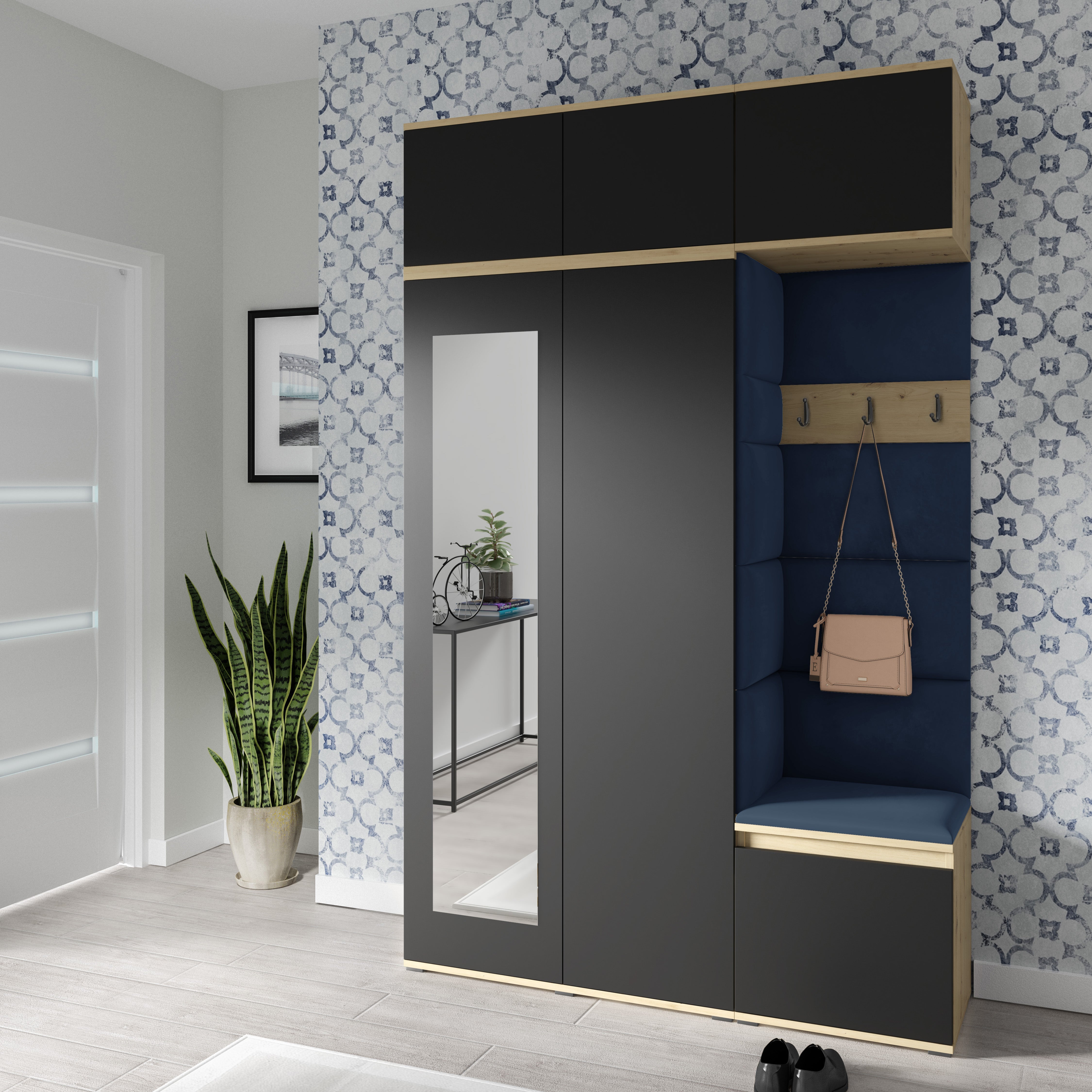 PK Emi 18 Flurgarderobe Artisan Eiche/Schwarz - Polsterpaneele in verschiedenen Farben