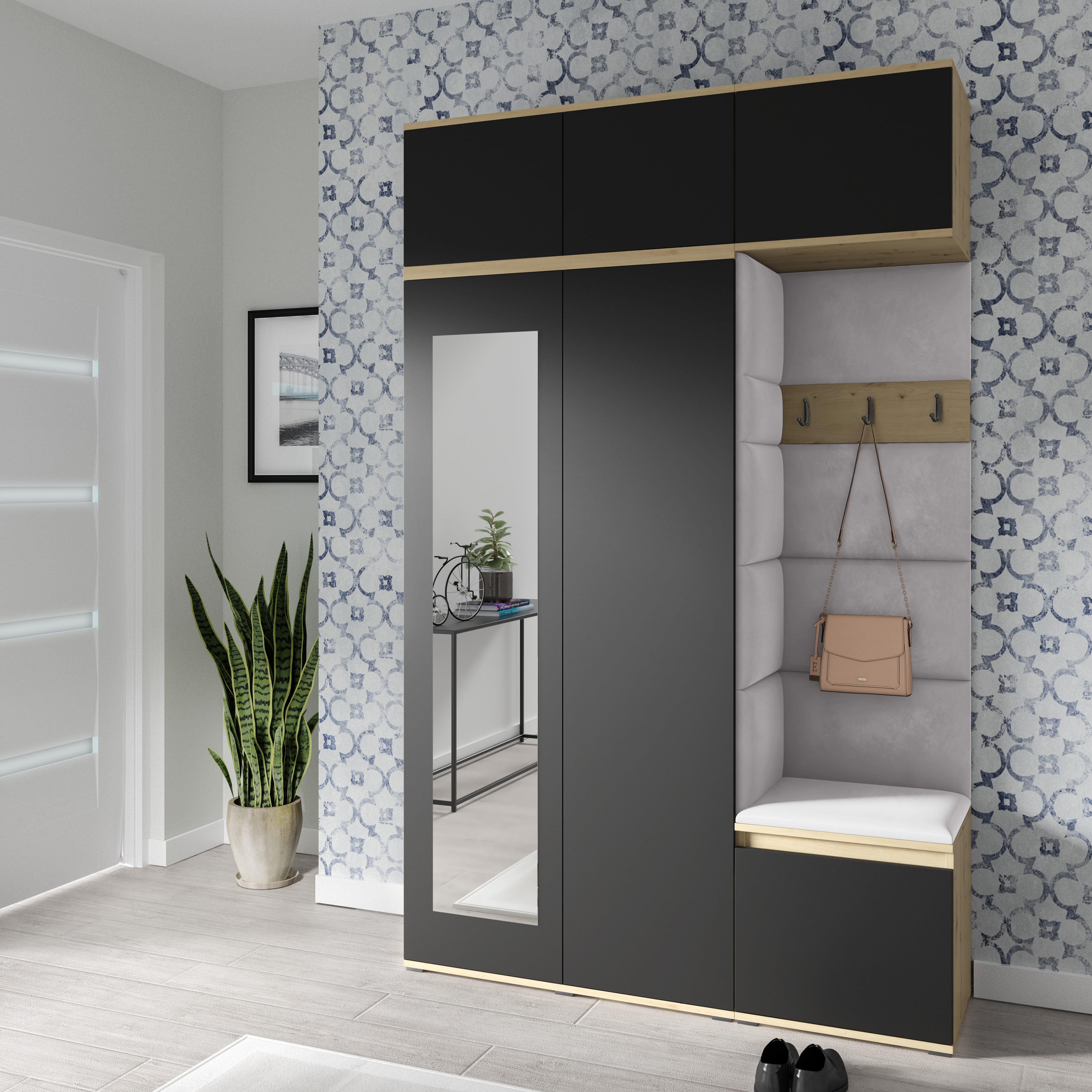 PK Emi 18 Flurgarderobe Artisan Eiche/Schwarz - Polsterpaneele in verschiedenen Farben