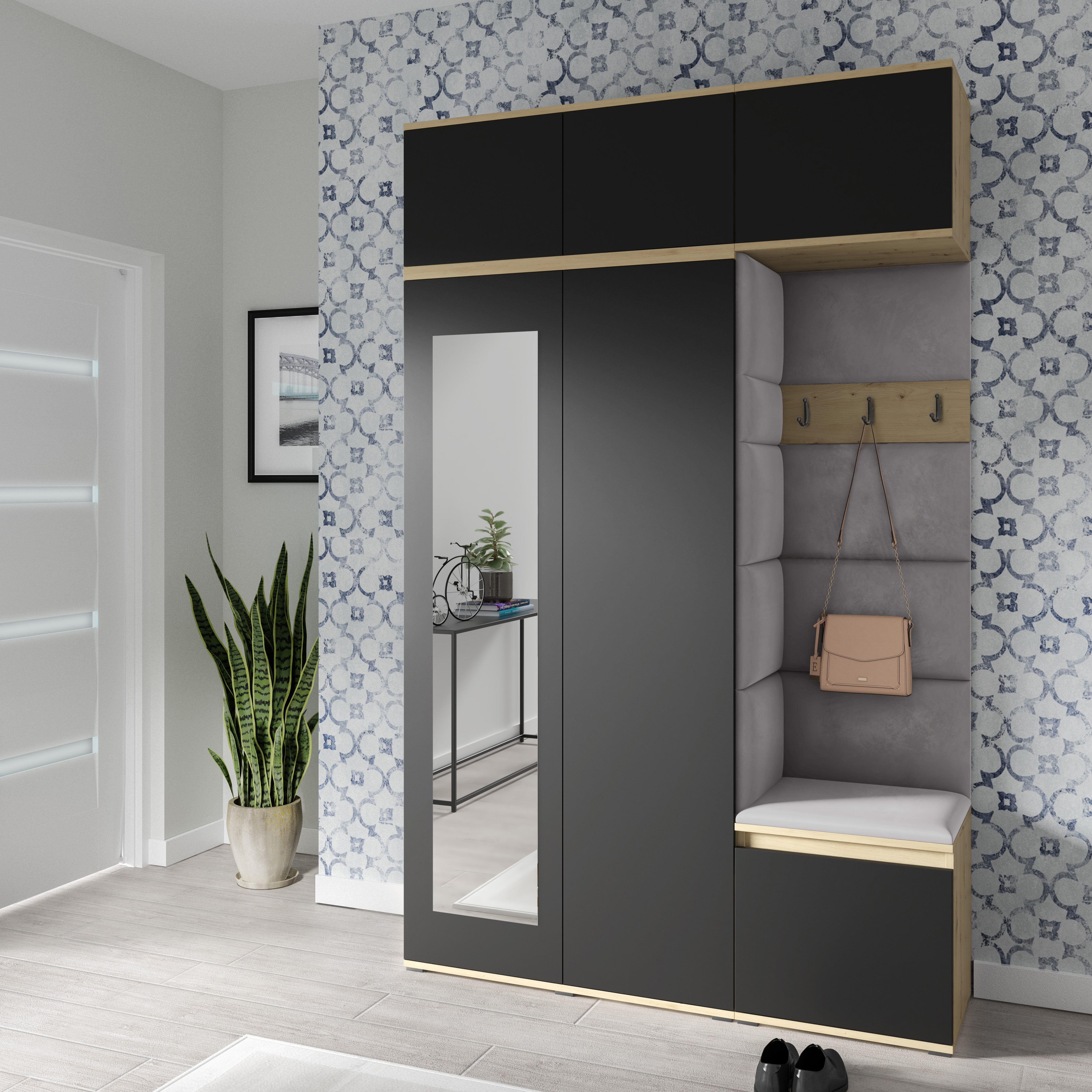 PK Emi 18 Flurgarderobe Artisan Eiche/Schwarz - Polsterpaneele in verschiedenen Farben