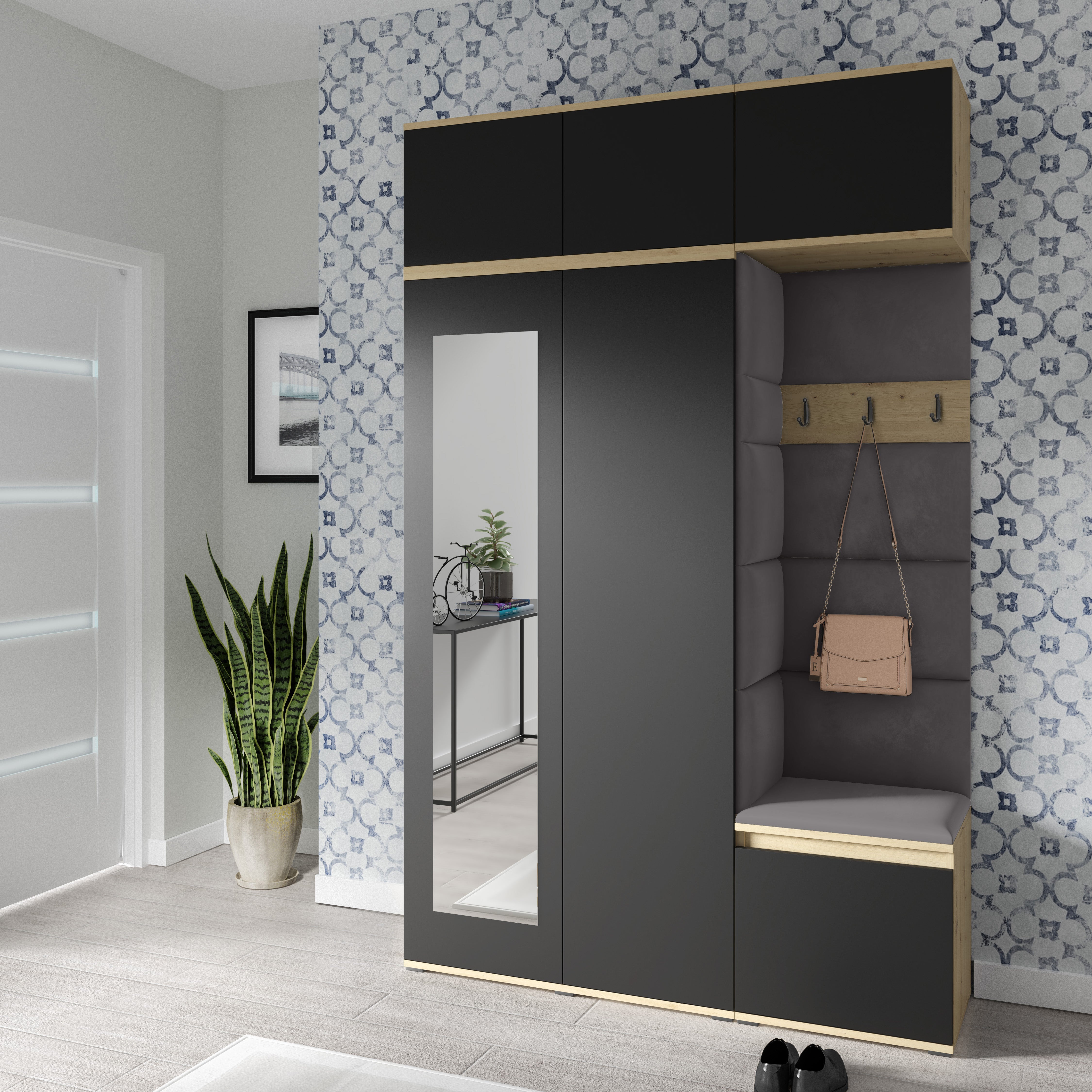 PK Emi 18 Flurgarderobe Artisan Eiche/Schwarz - Polsterpaneele in verschiedenen Farben