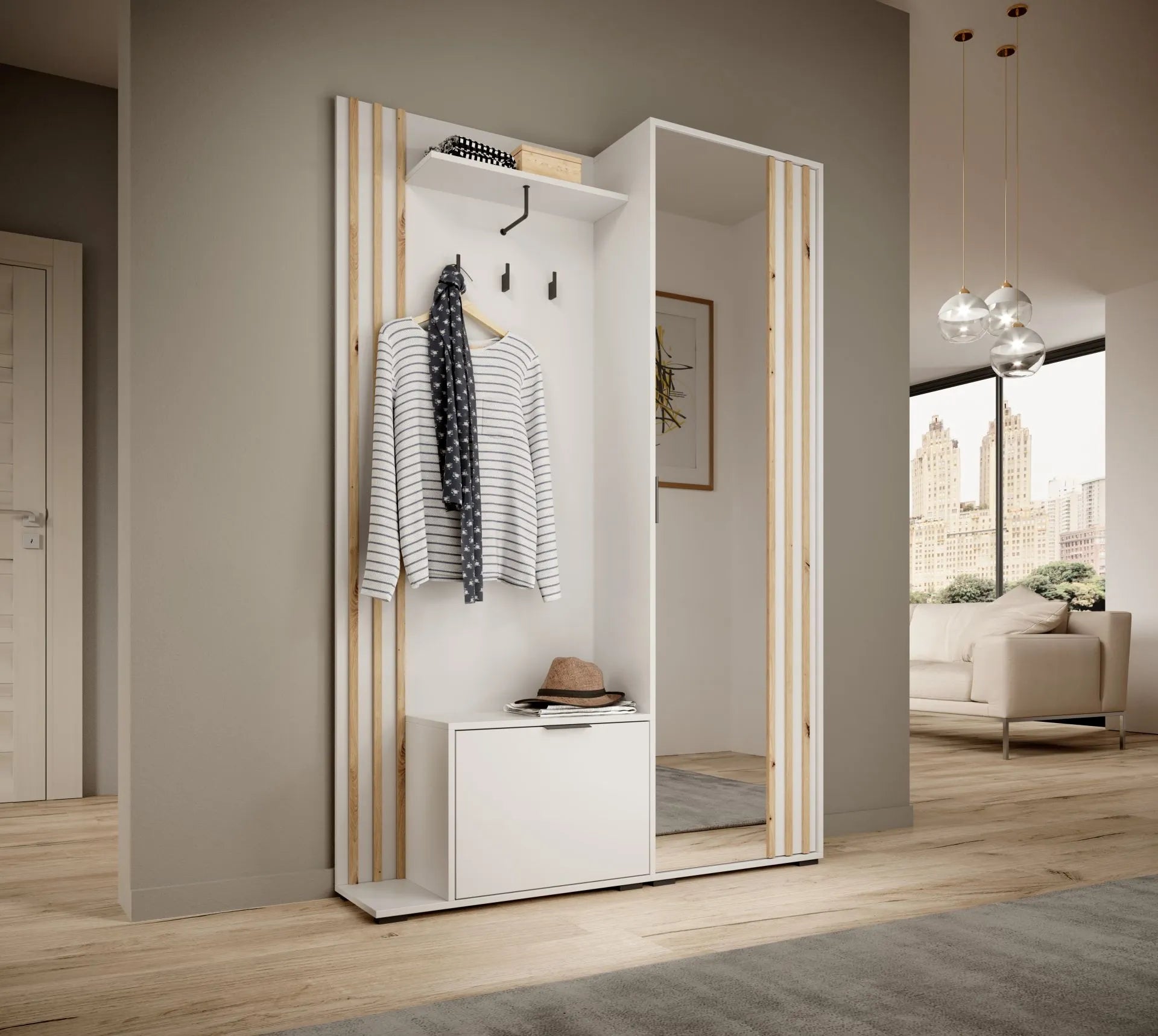 Nelly Flurgarderobe - Weiß / Artisan Lamellen / Spiegel