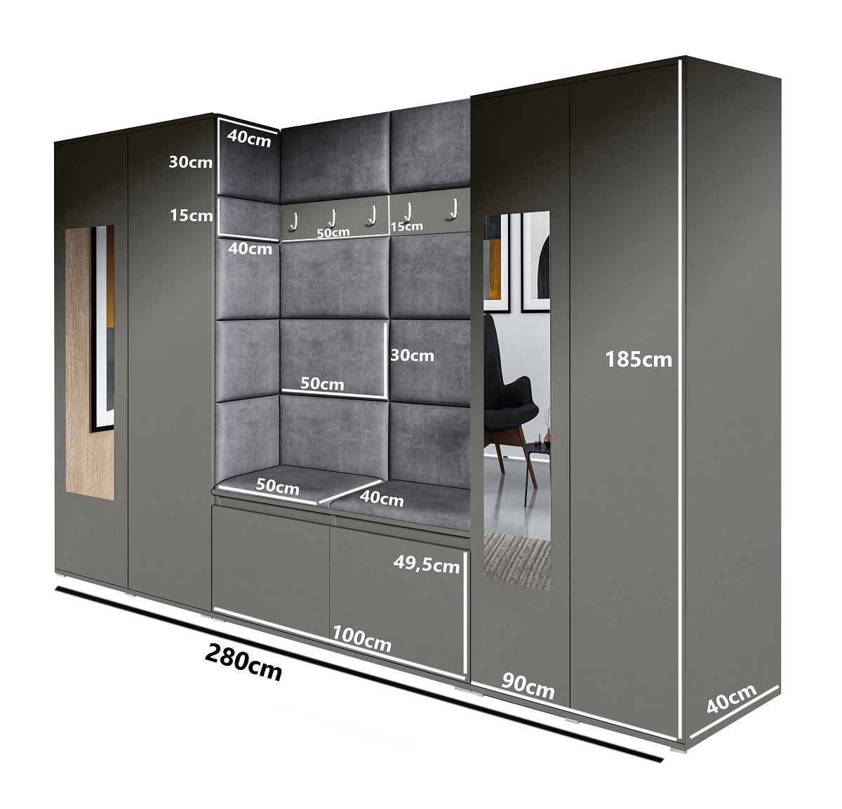 PK Emi 10 Hallway Wardrobe Graphite - Upholstered Panels in Various Colours