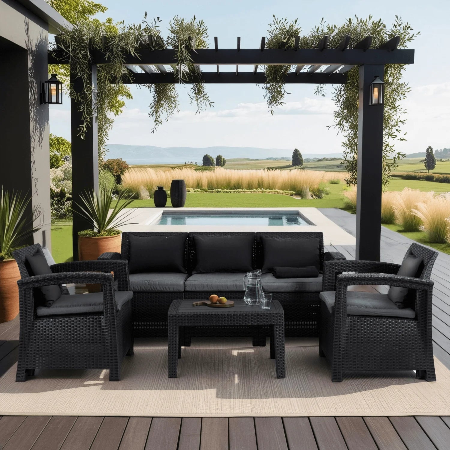Elite BRANDON Gartenmöbel-Set – Schwarz/Dunkelgrau | Stilvolle &amp; komfortable Gartenlounge