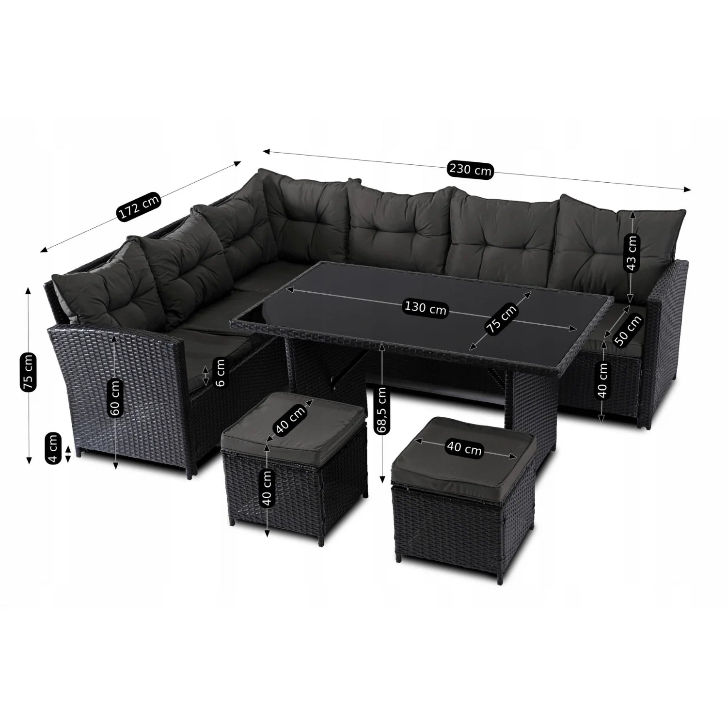 Elite DALLAS Gartenmöbel-Set Schwarz/Dunkelgrau - Luxuriöse Rattan-Gartenlounge