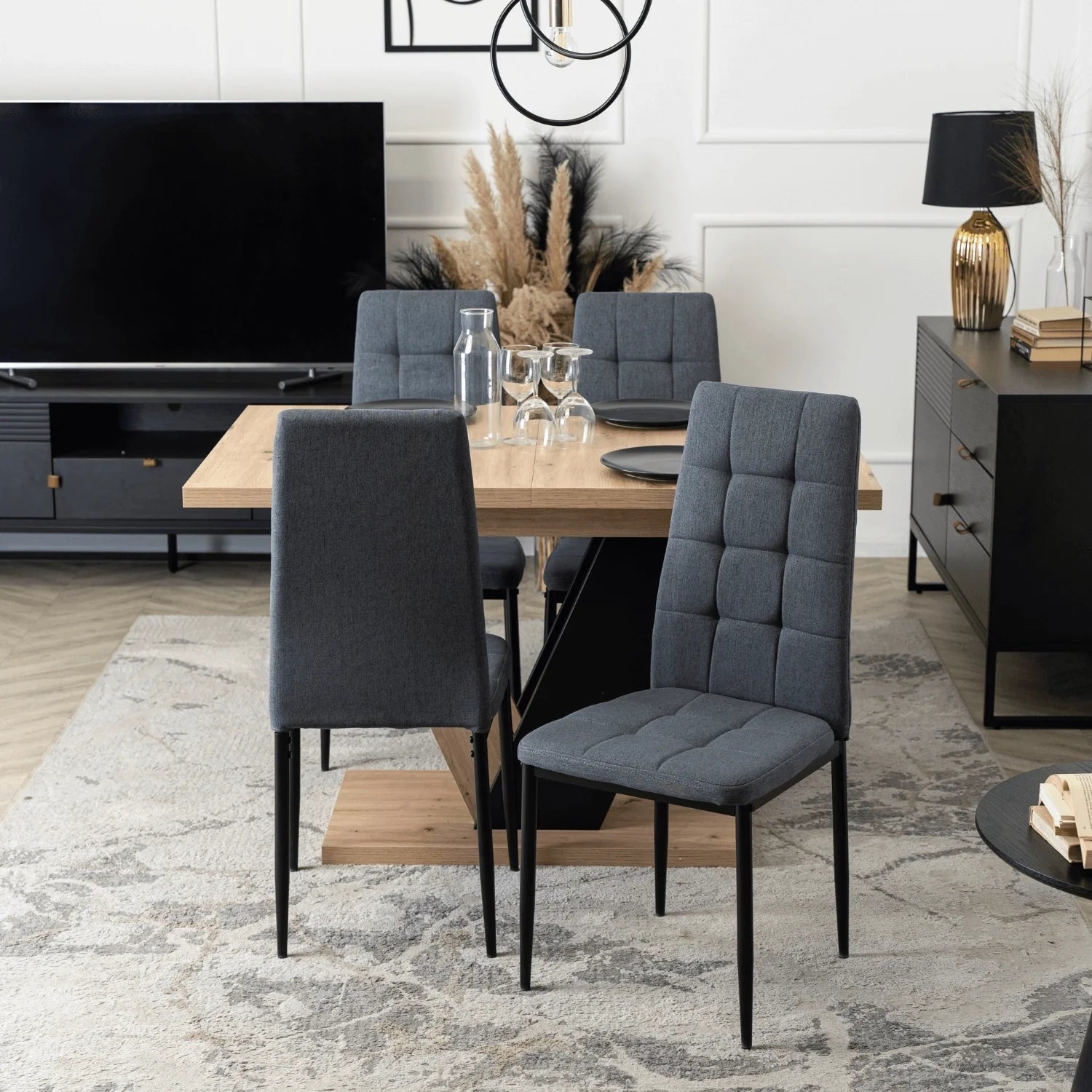 Ausziehbares Esszimmerset Elite CLARK – 120–160 cm Tisch aus Artisan-Eiche und 4 dunkelgraue TEX-Stühle