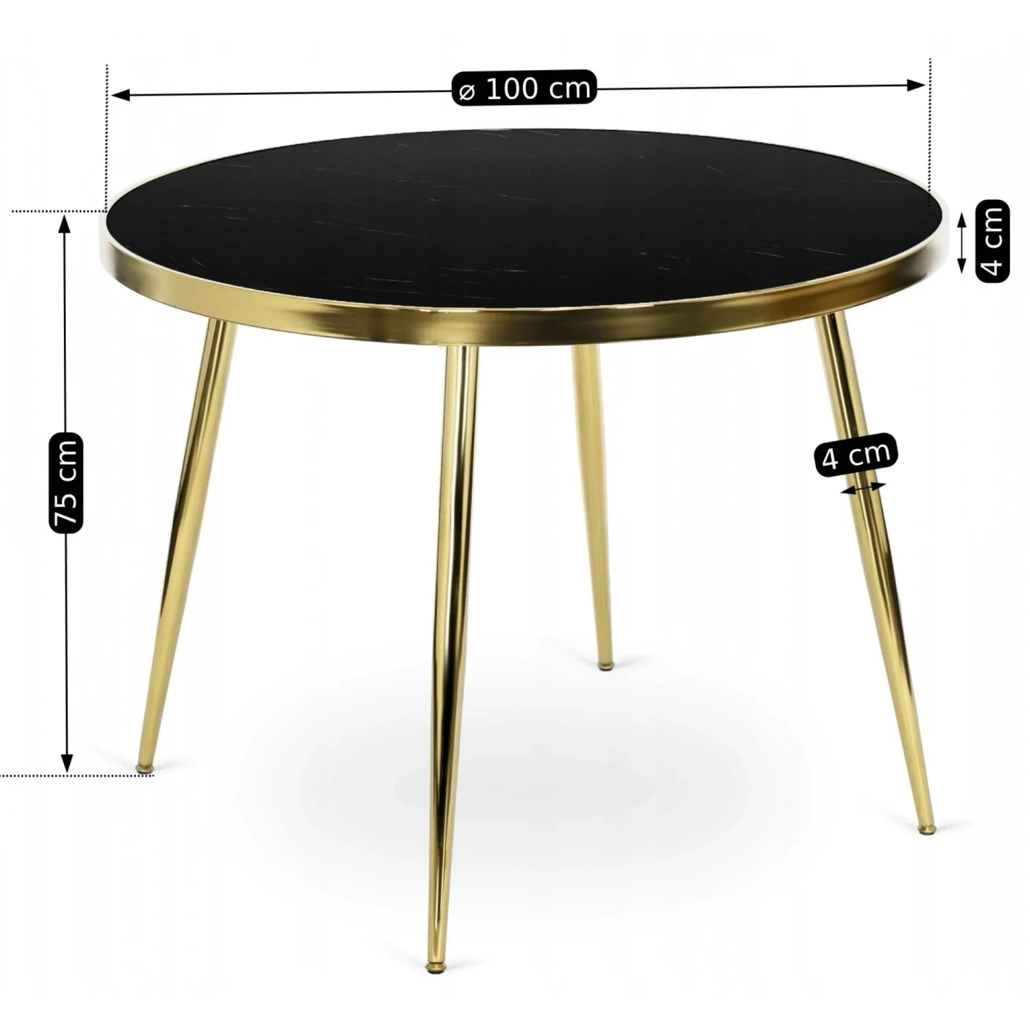 Elite TINGA Esszimmergarnitur – 100 cm schwarzer/goldener Tisch und 4 IRYS rosa Stühle